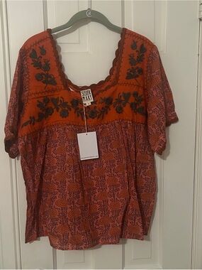 Sister Mary Rust & Pink Floral Embroidered Square-Neck Blouse